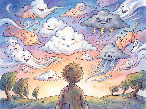 A whimsical illustration of a person gazing at a sky filled with diverse, expressive clouds that reflect different moods and personalities.
