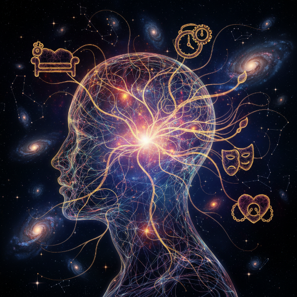 An abstract representation of personality mapping showing neural connections branching into cosmic patterns with psychological symbols