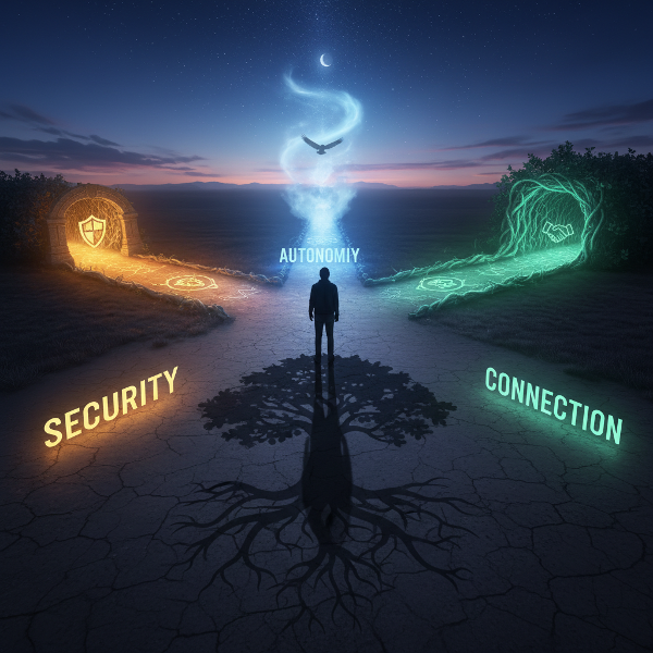 A symbolic image of a person at a crossroads, representing the choice between core values, with their shadow leaving a meaningful imprint.