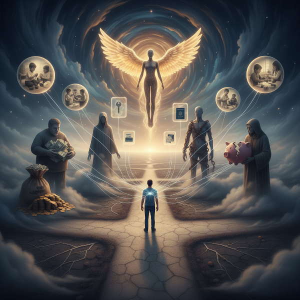 A symbolic image showing a person at a financial crossroads with shadowy figures representing different money scripts, connected by ethereal threads to childhood memories.