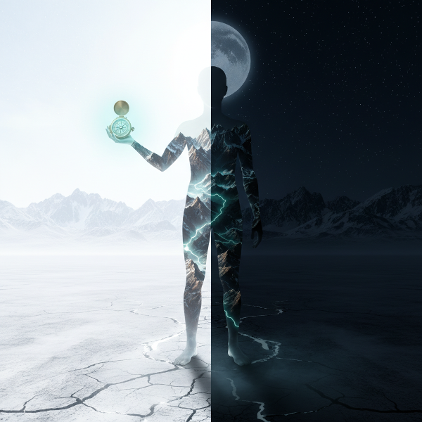 An image of a person at a crossroads, their inner self depicted as a glowing, topographical map of peaks and valleys, symbolizing the complex landscape of self-worth.