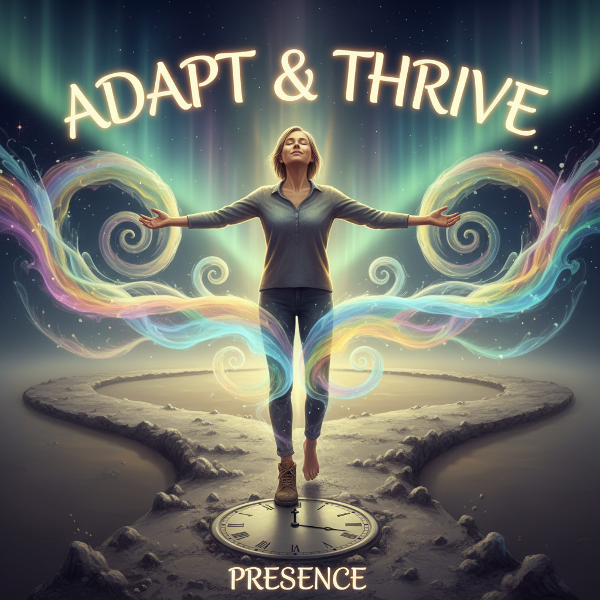 An abstract image of a person at a crossroads, embracing swirling changes with open arms, symbolizing adaptability and growth.