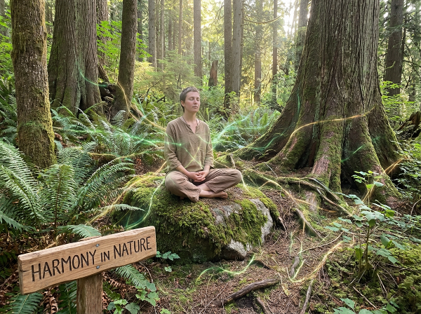 A serene image of a person in deep meditation within a vibrant forest, surrounded by glowing energy connections to nature, representing psychological alignment with ecological principles.