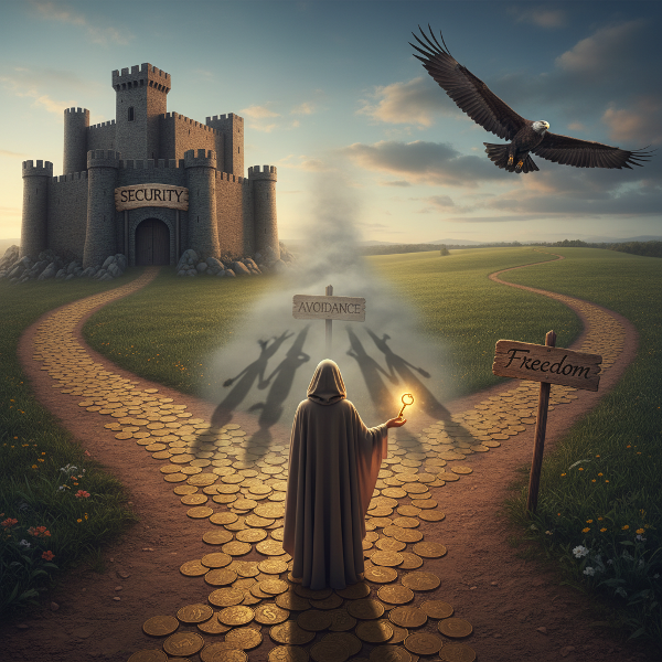 An image showing a person at a symbolic crossroads, representing the deep-seated 'money scripts' of security, freedom, and avoidance, with childhood shadows influencing the choice.