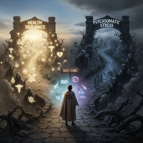 An image showing a person at a symbolic crossroads with paths representing psychosomatic reactions, health anxiety, and balanced self-care.