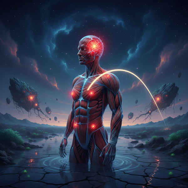 An abstract human figure composed of biological systems, with highlighted areas of tension forming a bridge between the mind and body.