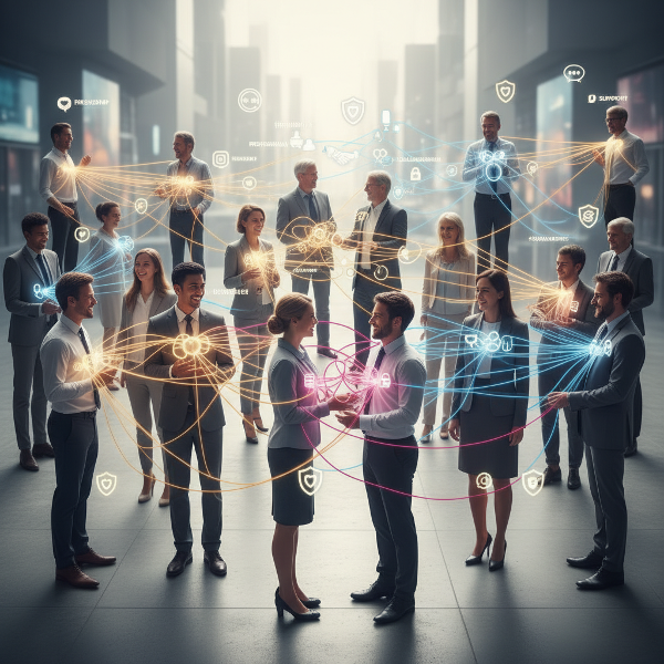 Visual metaphor showing interconnected relationships with communication symbols and boundary indicators.