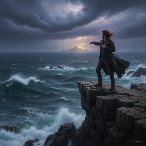 A figure on a cliff overlooking a turbulent sea under a dark sky, evoking risk and adventure.