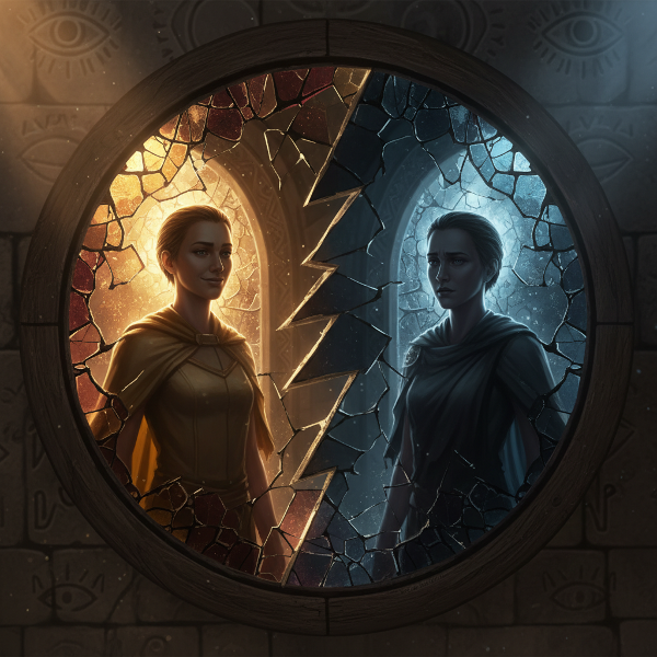 A person contemplates their fragmented reflection in a mosaic mirror, representing the complex exploration of self-esteem and identity.