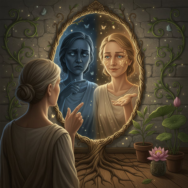 A person with dual reflections symbolizing self-criticism and self-compassion, with plants and light representing growth.