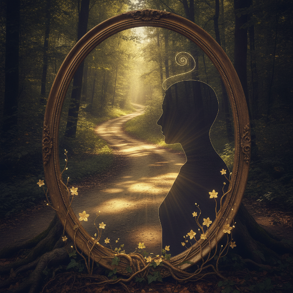 An introspective scene with a person looking into a mirror, where the reflection shows a brighter, more confident version, surrounded by symbolic challenges and comforting elements.
