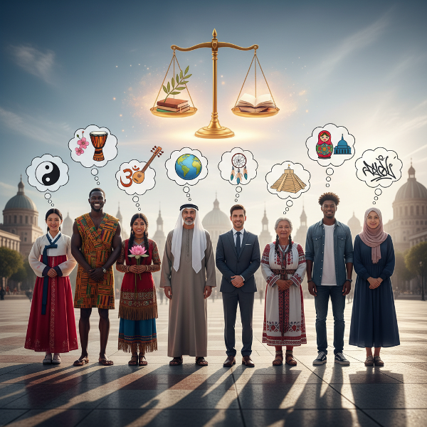 An illustration showing diverse individuals united, with visual elements representing cultural awareness, equality, and unconscious bias.