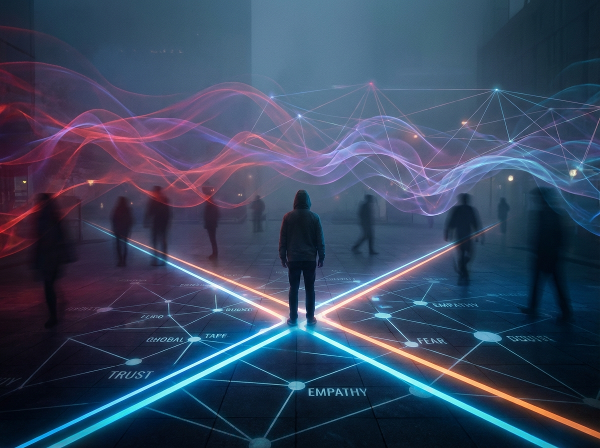 An abstract illustration of invisible social forces shaping human interactions, with glowing lines, shadowy figures, and flowing currents mapping relationships and emotional undercurrents.