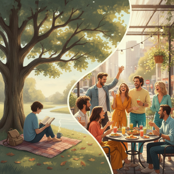 The image shows a serene natural setting with a tree; on the left, a person sits alone reading a book, while on the right, a group of friends laugh and chat in a sunlit park. The contrast highlights different social energy styles.