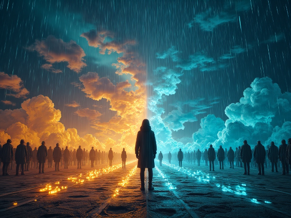 An illustration of an individual at a symbolic crossroads, representing the choice between conformity, independence, and observation within social structures.