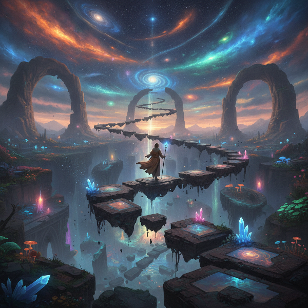 A surreal landscape with a winding path splitting and reforming, a calm figure navigating shifting terrain under a glowing sky.