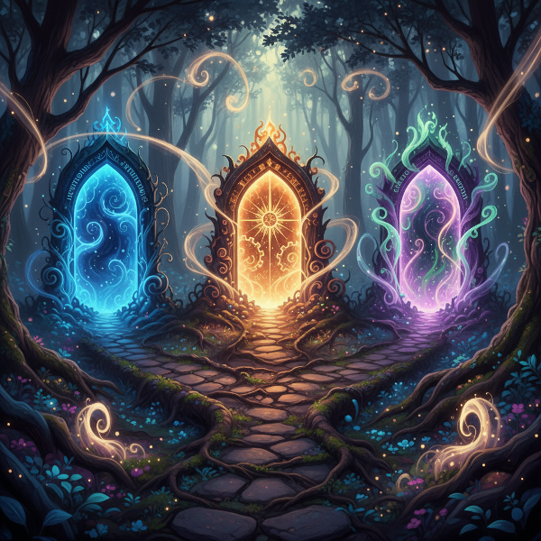 A symbolic image showing three distinct archetypal paths in a mystical forest, representing different inner voices with integrated shadow and light elements.
