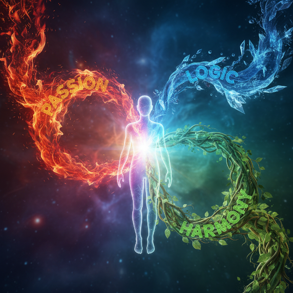 An abstract representation of three core motivational energies merging into a human form.