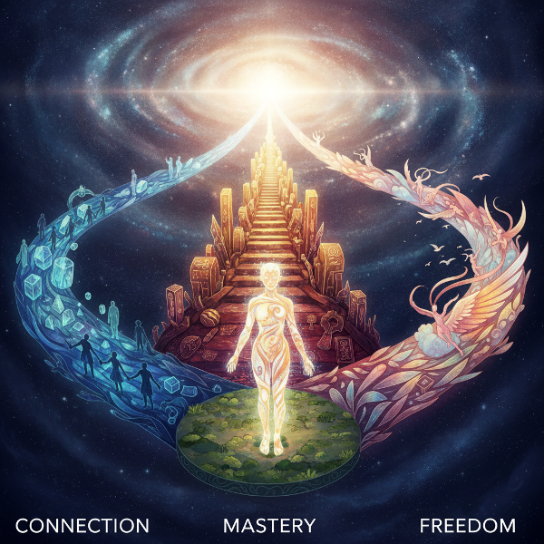 A person stands at a crossroads, with three glowing paths branching off: one adorned with hearts and hands (connection), one with books and gears (mastery), and one with open sky and wings (freedom). The scene is dynamic and inspiring, evoking self-discovery.