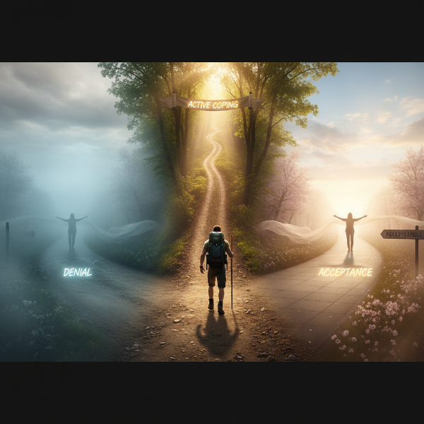 A visual metaphor for navigating life's changes, showing three paths symbolizing denial, active coping, and acceptance.