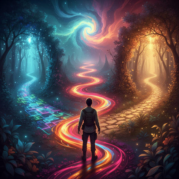 A person at a three-way crossroads, each path representing a different decision-making force: analytical, emotional, and instinctive.