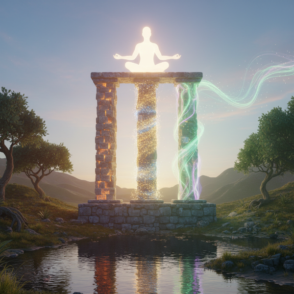 Three symbolic pillars representing resilience, joy, and prosperity support a balanced human figure in a serene landscape.