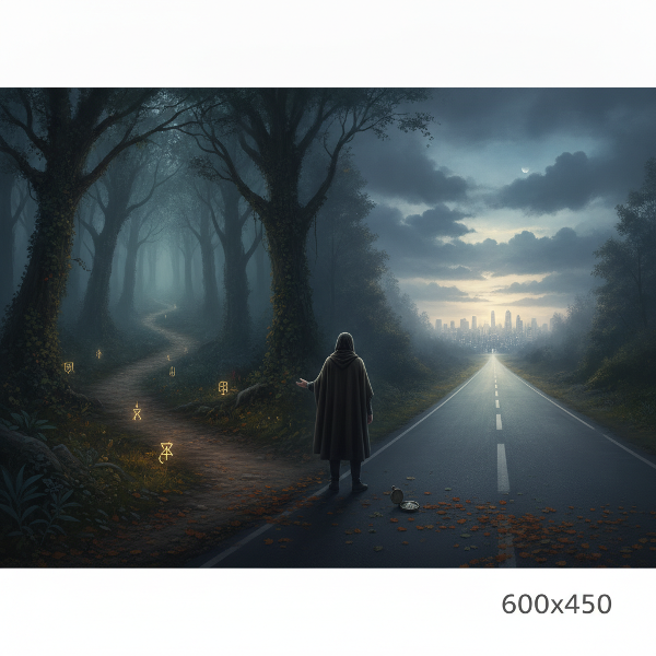 A person at a crossroads with clear and winding paths, symbolizing uncertainty and adaptability.
