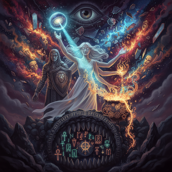 A surreal, symbolic illustration merging archetypal figures, ancient symbols, and shadowy thresholds to represent unconscious myths and psychological transformation.