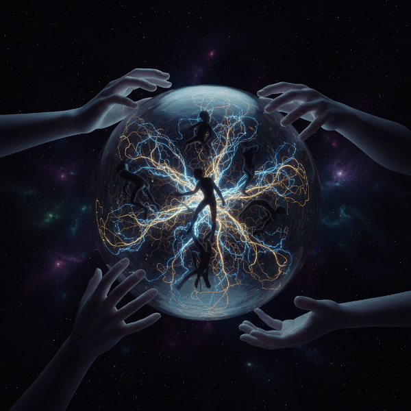 A transparent human head reveals glowing neural networks and shadowy forms, with ethereal hands interacting, symbolizing unconscious relational patterns and social instincts.