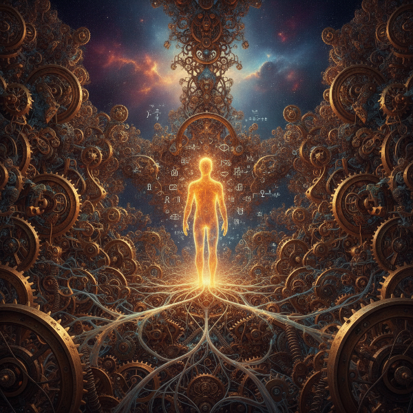 A surreal maze with gears and pathways leading to a glowing figure, representing unconscious behavioral patterns.