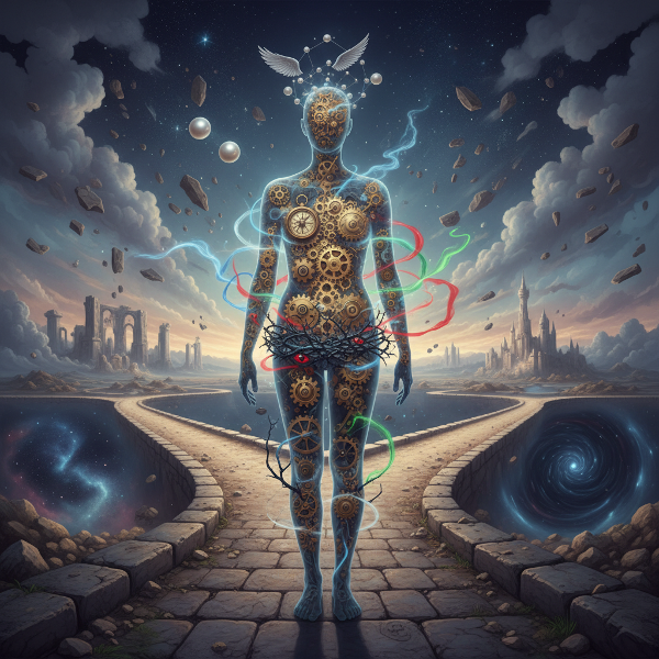 A person with transparent layers revealing their inner psychological architecture of hidden motivations and emotional currents.