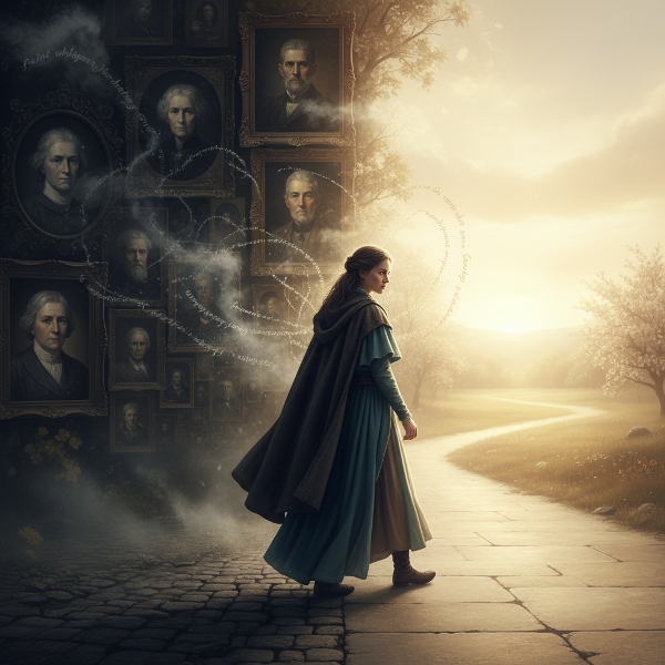 An image showing a person at a crossroads between shadowy, silent family portraits and a bright, clear path, with ethereal whispers representing unspoken legacies.