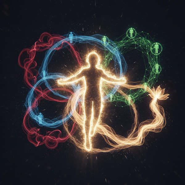 A radiant silhouette surrounded by colorful energy swirls representing physical, mental, social, and renewal aspects of vitality.