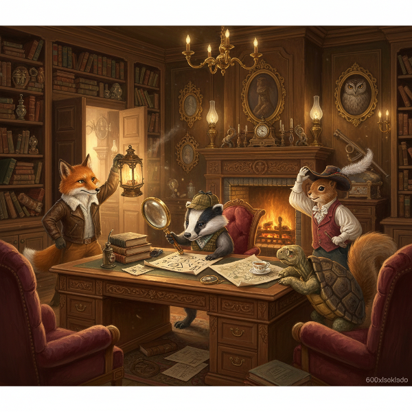 A cozy, vintage detective study scene featuring three distinct sidekick archetypes—analyst, muscle, and charmer—working together amidst clues and warm lighting.