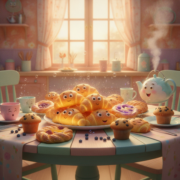 A cheerful table of magical pastries with glowing auras in a sunny kitchen.