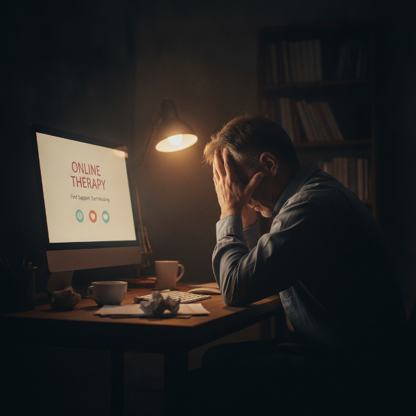 A thoughtful man overwhelmed by apathy and existential doubt, seated at a desk with a therapy website on screen.