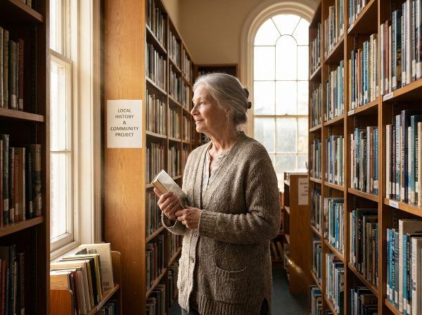 An older woman in a library, surrounded by books, with a warm, hopeful expression.