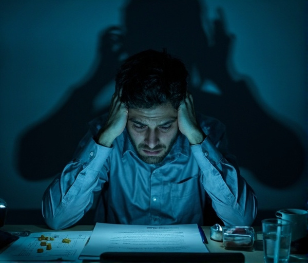 A tired man sits at a desk holding a phone, while a shadowy figure whispers behind him. Medical charts and pills rest nearby, symbolizing the overlap between gaslighting, memory doubt, and possible chronic illness.