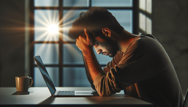 An image depicting a young professional experiencing workplace burnout in a tech office, with visual cues of exhaustion and a glimmer of hope.