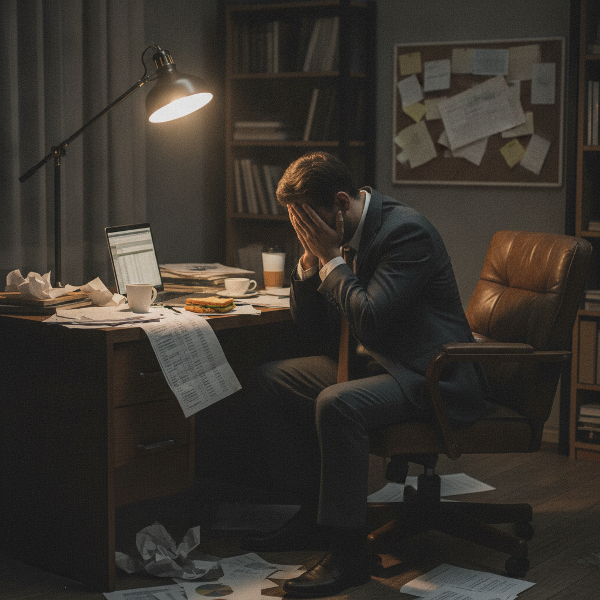 A weary consultant overwhelmed by a cluttered workspace, symbolizing burnout and fatigue.