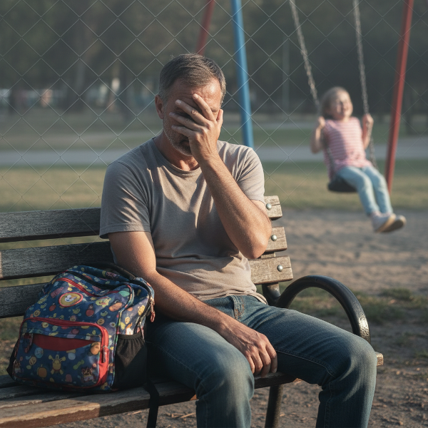 A stressed father on a bench watches his daughter play, depicting remote work and parenting strain in a small space.