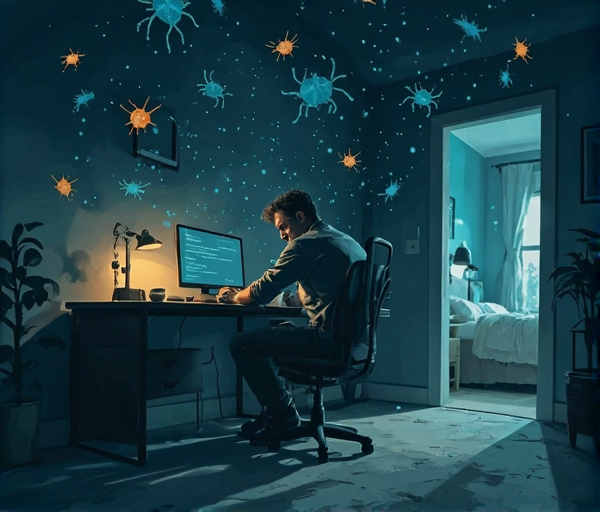 A stressed software developer at night facing unresolved bugs and unfinished projects, with a calm transition toward rest and recovery.