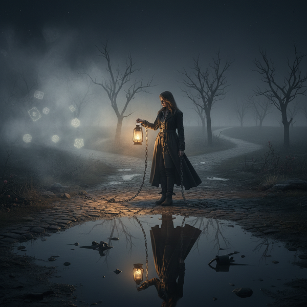 A symbolic image of a woman at a crossroads, representing the choice between healthy support and codependency in a relationship affected by addiction.