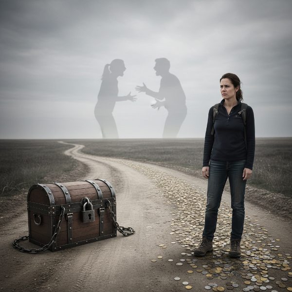A woman at a symbolic crossroads, representing financial decision-making, with shadows of her past influencing her present choices.
