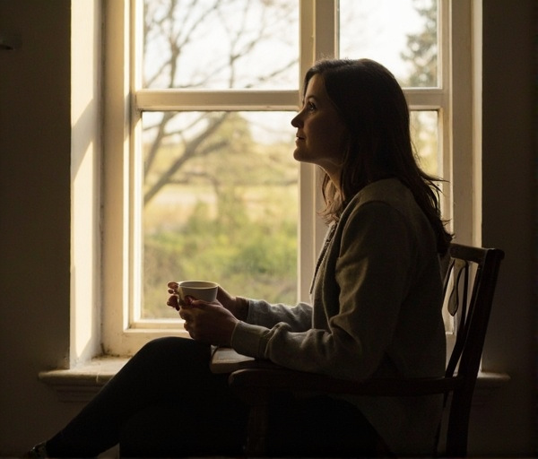 A middle-aged woman sitting by a bright window with a teacup, looking out thoughtfully, with a sense of calm and hope.