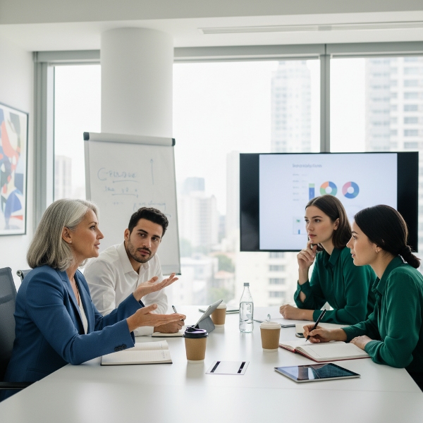 An older woman actively participating in a collaborative meeting with diverse younger colleagues, symbolizing effective intergenerational communication in a new career.