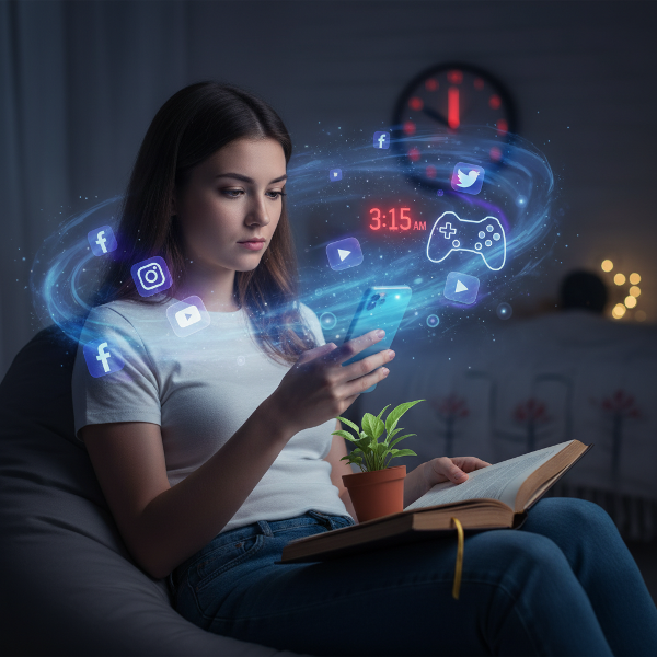 A young woman contemplates her screen time amidst digital distractions, with symbols of positive alternatives emerging.