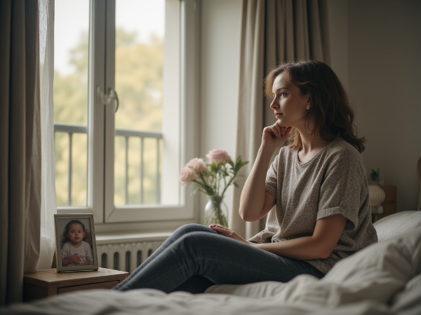 A thoughtful woman sits on her bed in morning light, with a photo of her baby nearby.