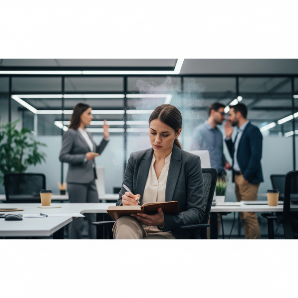 A woman in a tense office environment, using a journal to cope with workplace anxiety and isolation.