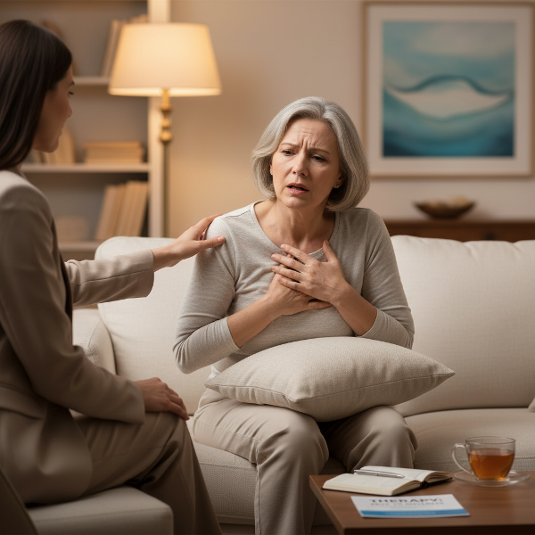 An image depicting a middle-aged woman at home, overwhelmed by anxiety symptoms, with elements symbolizing professional support and recovery.